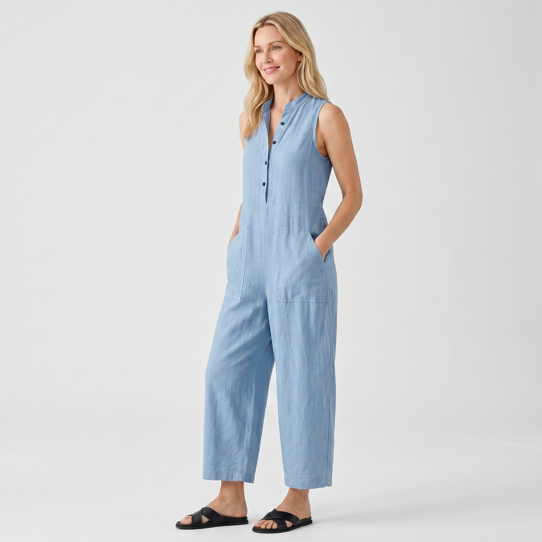 Elena | Linen Sleeveless Jumpsuit with Band Collar
