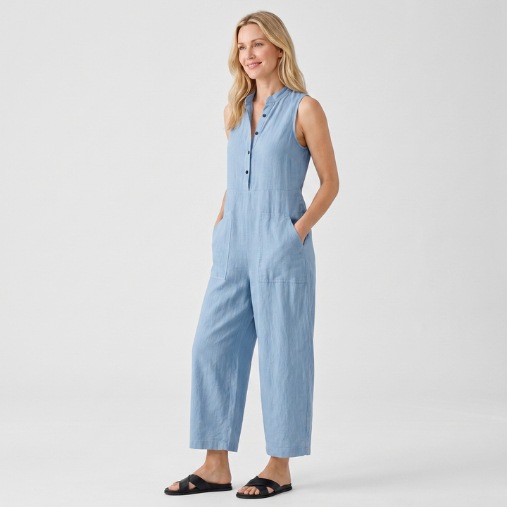 Elena | Linen Sleeveless Jumpsuit with Band Collar