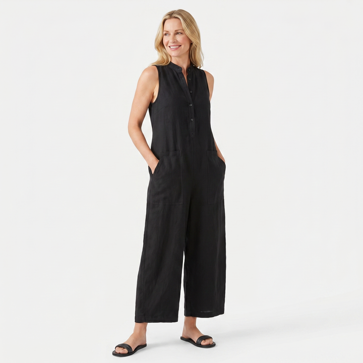 Elena | Linen Sleeveless Jumpsuit with Band Collar