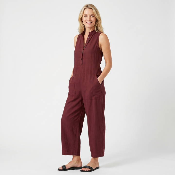 Elena | Linen Sleeveless Jumpsuit with Band Collar