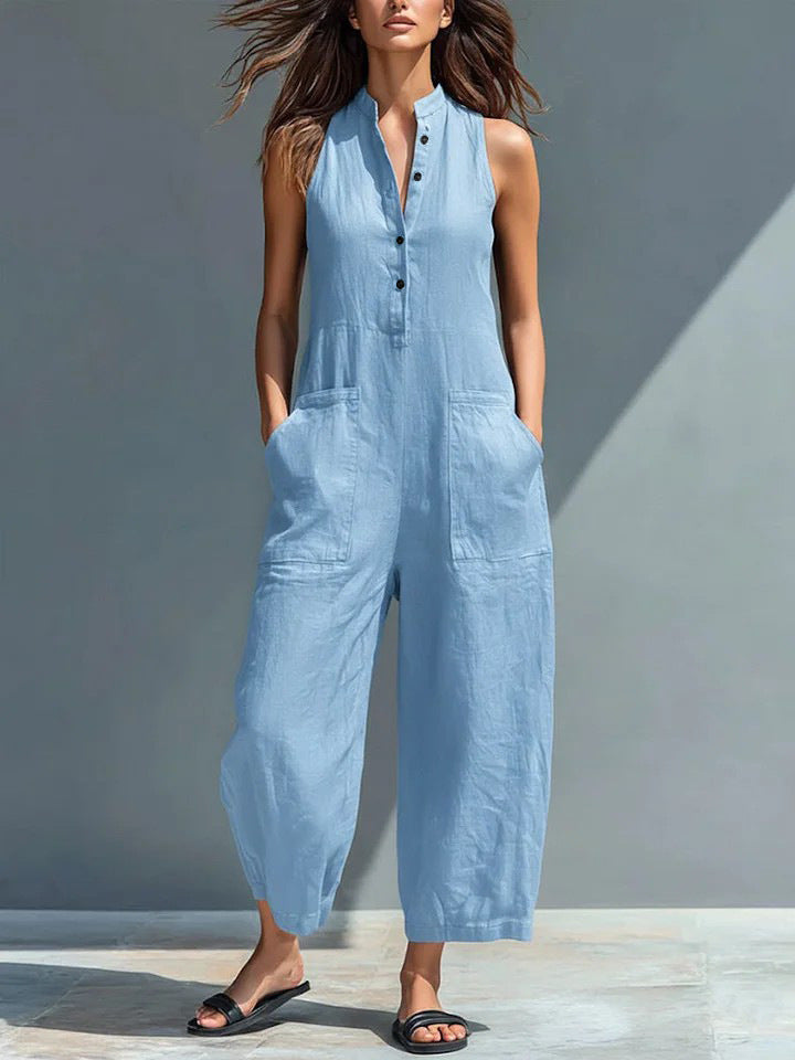 Luna | Linen Sleeveless Jumpsuit with Band Collar