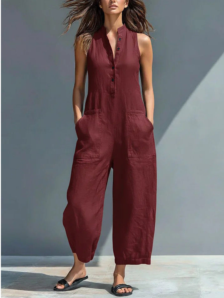 Luna | Linen Sleeveless Jumpsuit with Band Collar