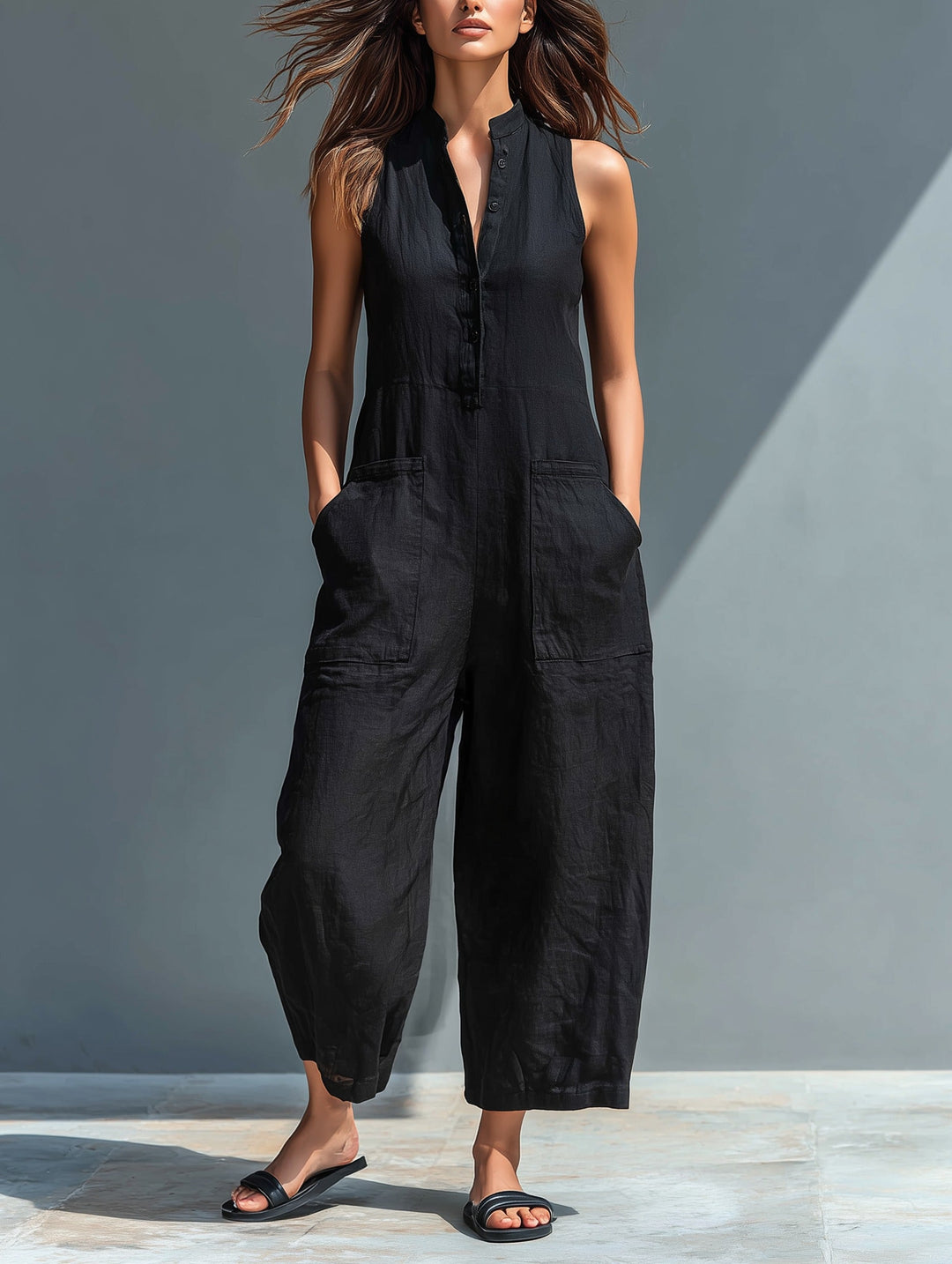 Luna | Linen Sleeveless Jumpsuit with Band Collar