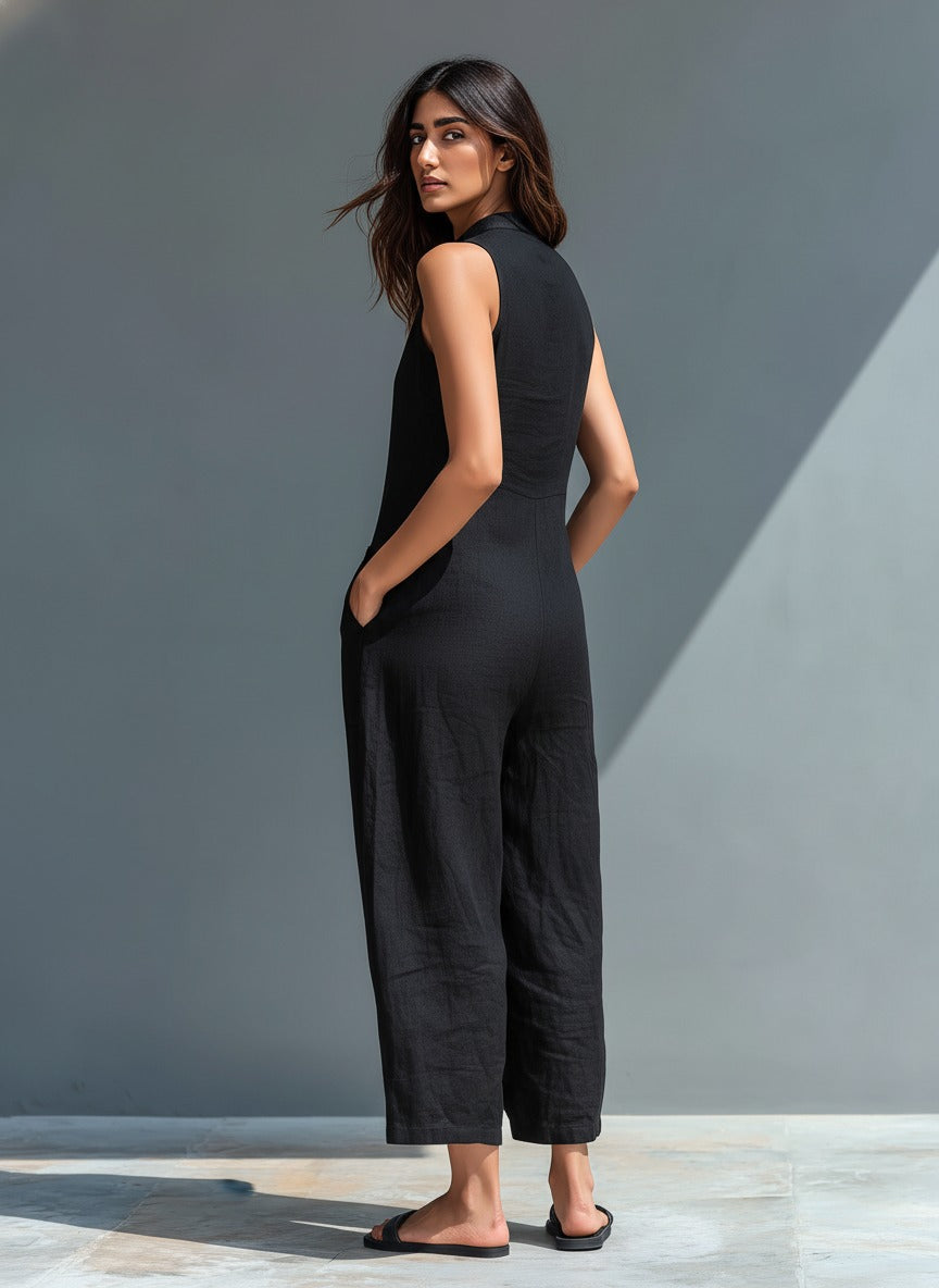 Luna | Linen Sleeveless Jumpsuit with Band Collar