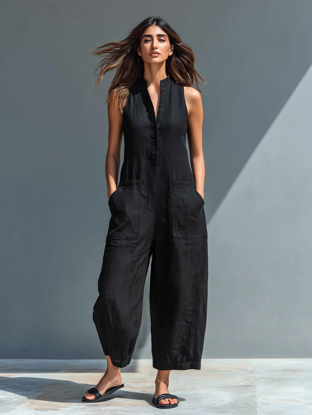Luna | Linen Sleeveless Jumpsuit with Band Collar