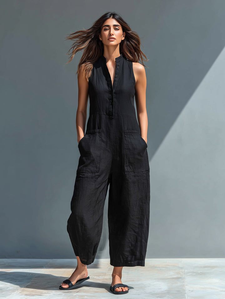 Luna | Linen Sleeveless Jumpsuit with Band Collar