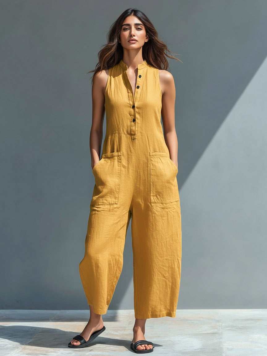 Luna | Linen Sleeveless Jumpsuit with Band Collar