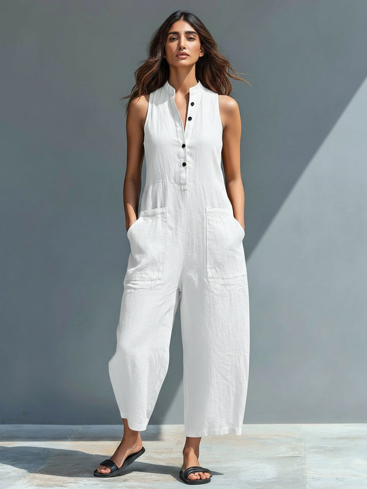 Luna | Linen Sleeveless Jumpsuit with Band Collar
