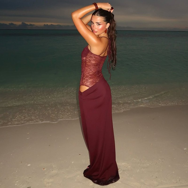 Grace | Long Figure-Hugging Dress with Lace, Satin & Tie Straps