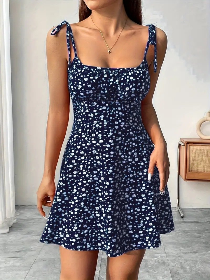 Ava | Mini Floral Dress with Shirred Bodice, Tie Straps