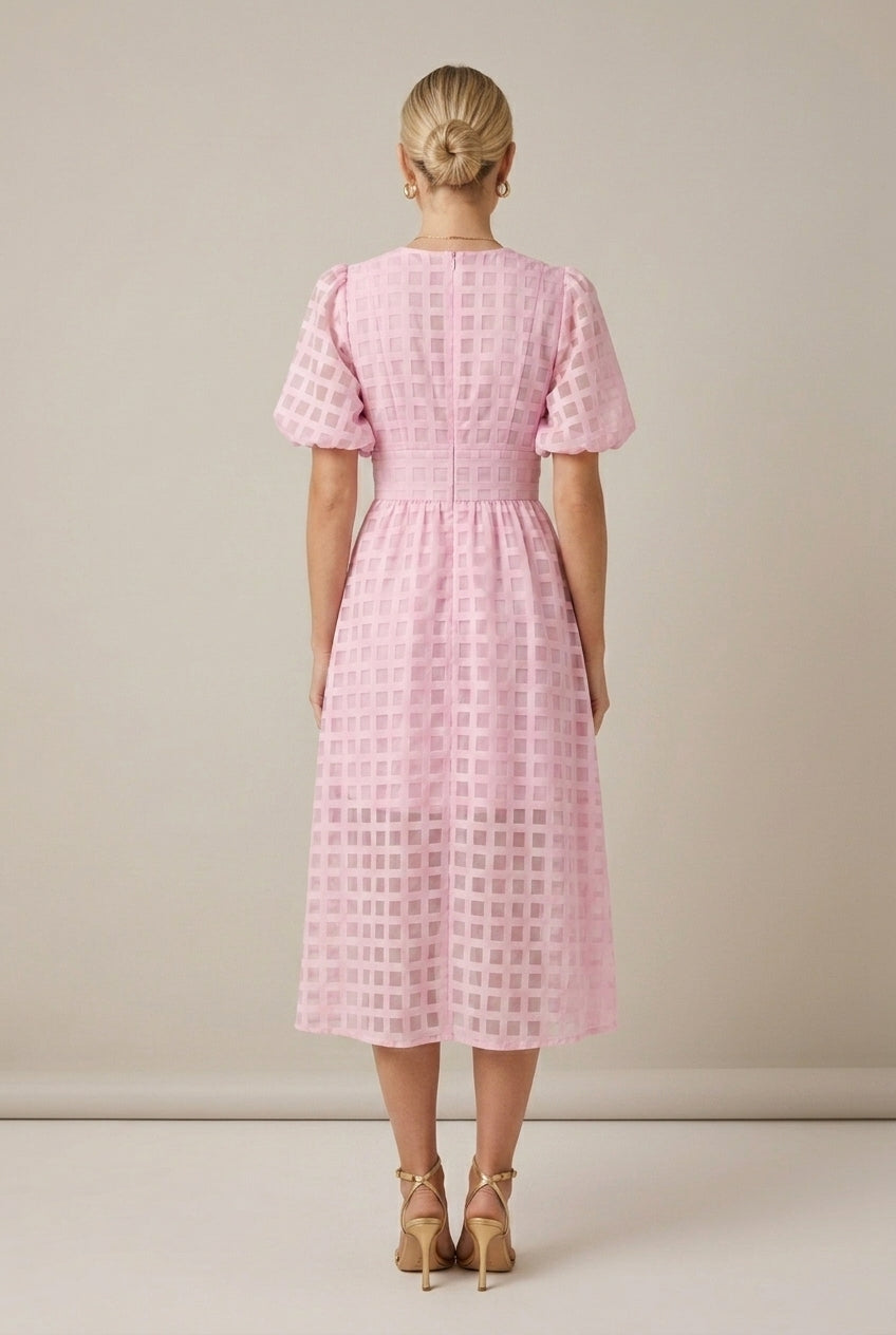Eva | Checkered Puff Sleeve Midi Dress – V-Neck with Button Front
