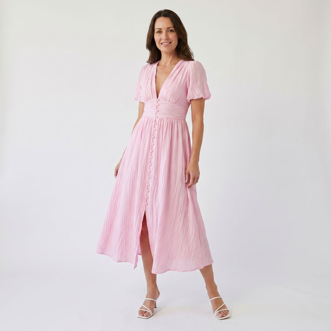 Eva | Checkered Puff Sleeve Midi Dress – V-Neck with Button Front