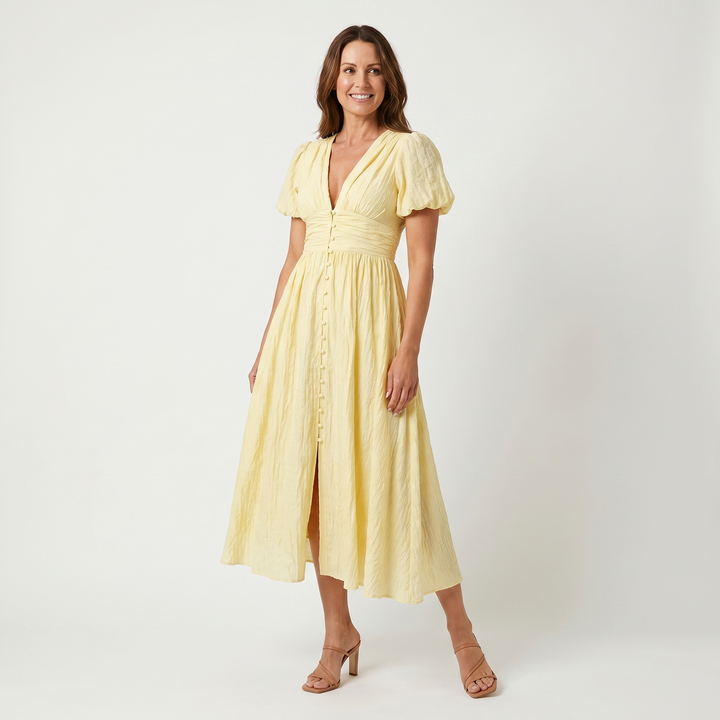 Eva | Checkered Puff Sleeve Midi Dress – V-Neck with Button Front