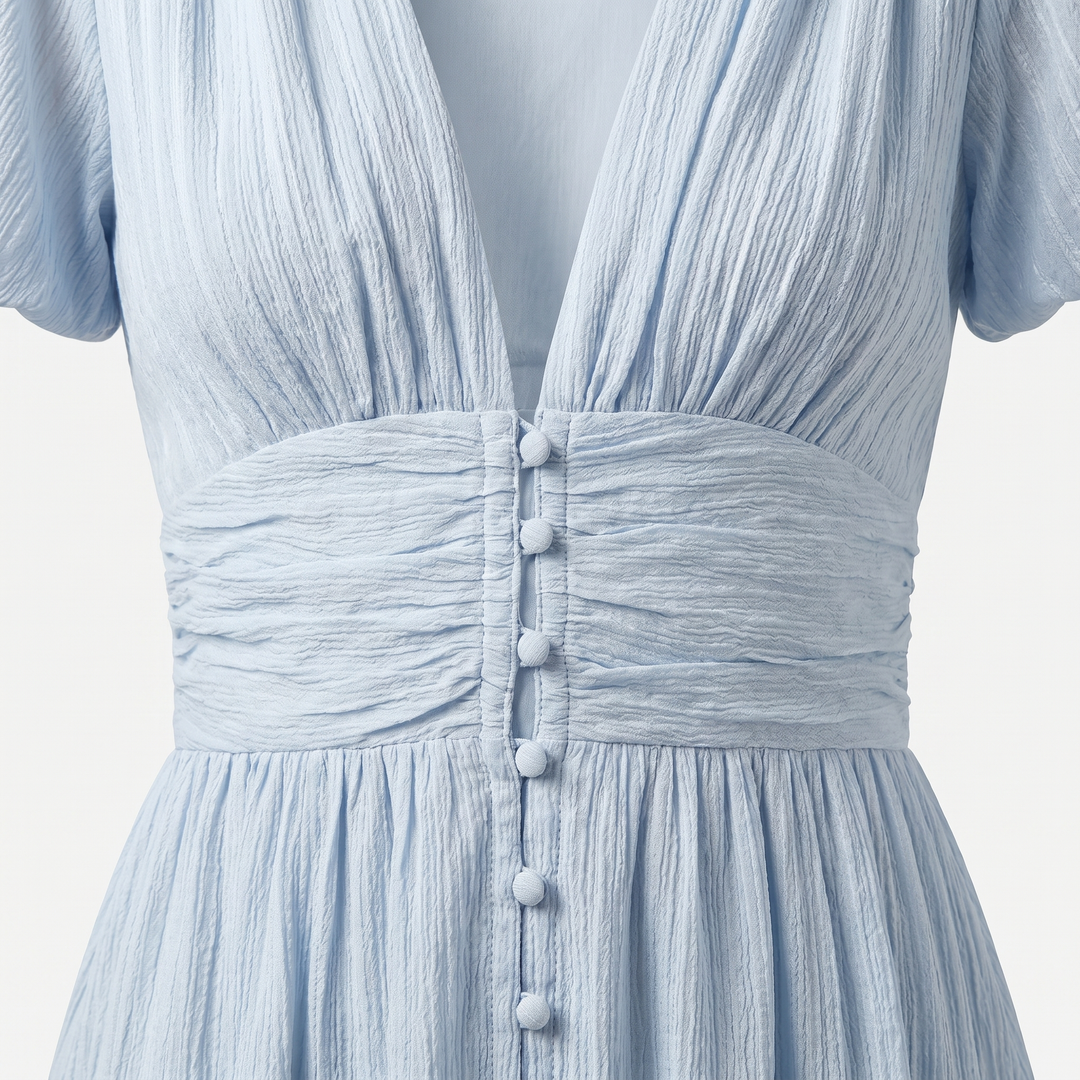 Eva | Checkered Puff Sleeve Midi Dress – V-Neck with Button Front