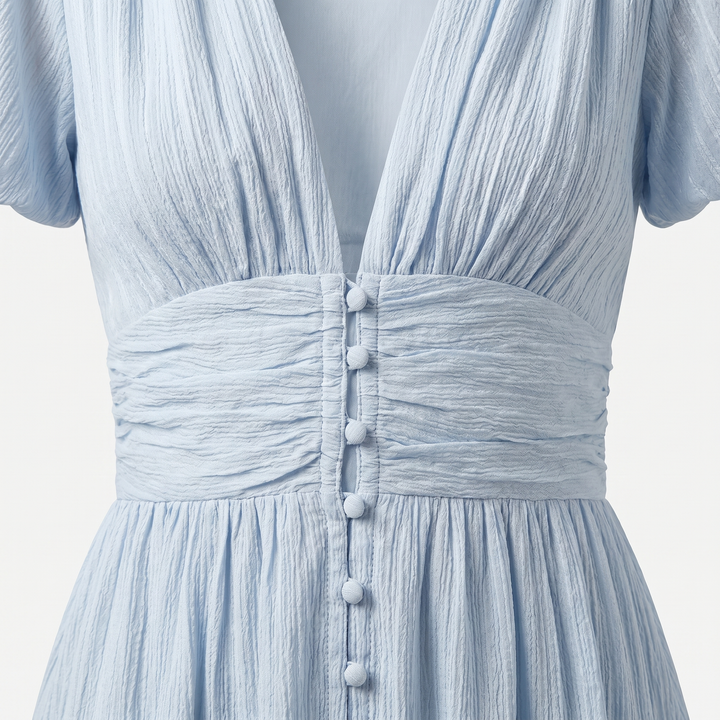 Eva | Checkered Puff Sleeve Midi Dress – V-Neck with Button Front