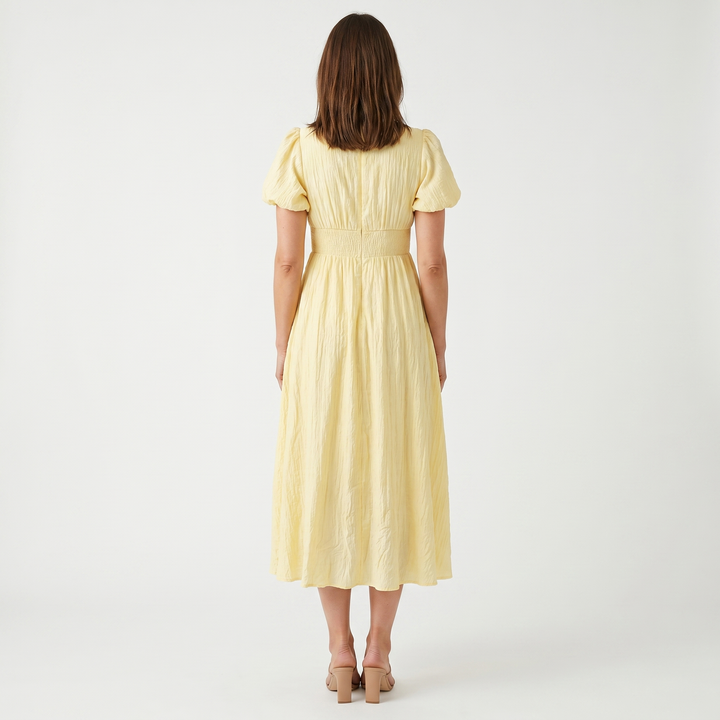 Eva | Checkered Puff Sleeve Midi Dress – V-Neck with Button Front