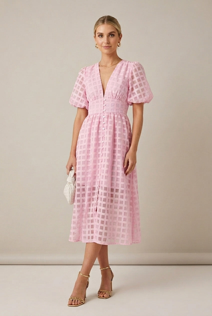 Eva | Checkered Puff Sleeve Midi Dress – V-Neck with Button Front