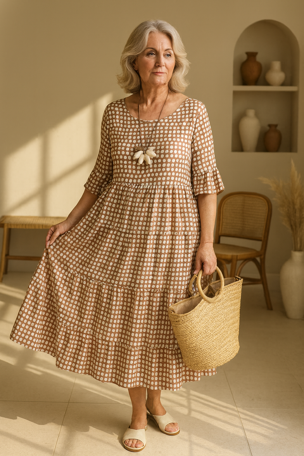 Bella | Polka Midi Dress with Ruffle Short Sleeves