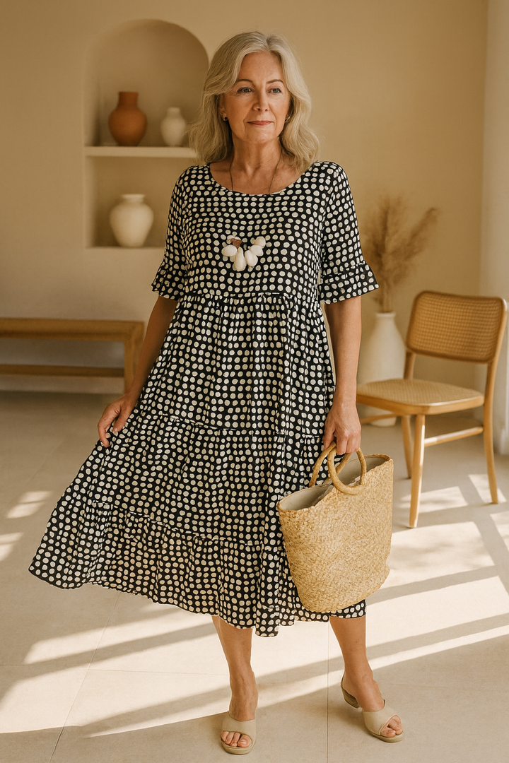 Bella | Polka Midi Dress with Ruffle Short Sleeves
