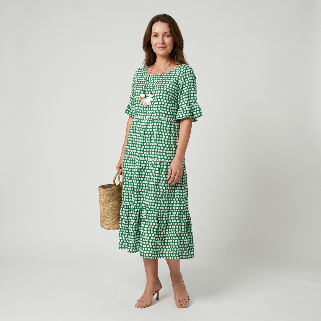 Bella | Polka Midi Dress with Ruffle Short Sleeves