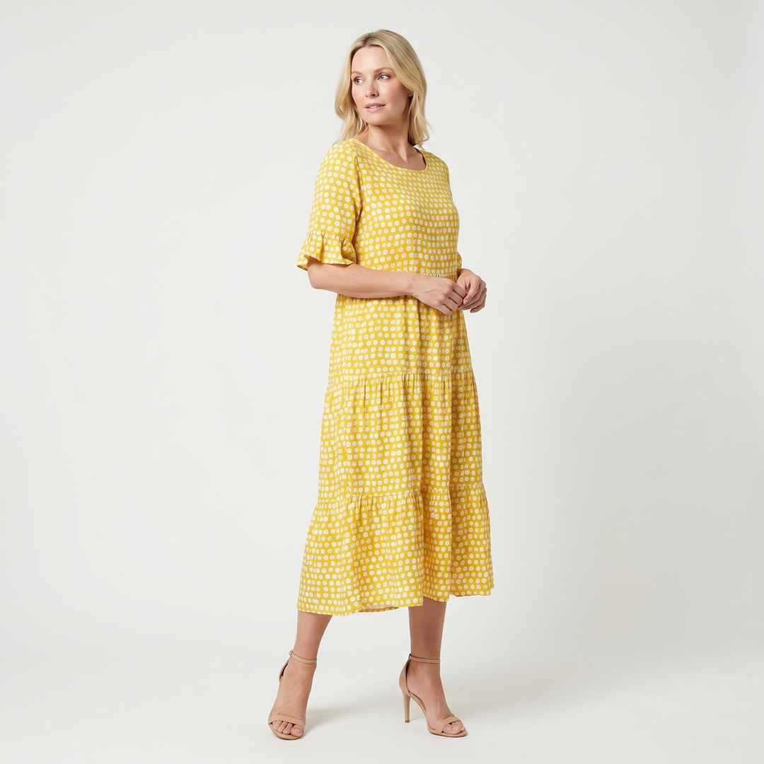 Bella | Polka Midi Dress with Ruffle Short Sleeves