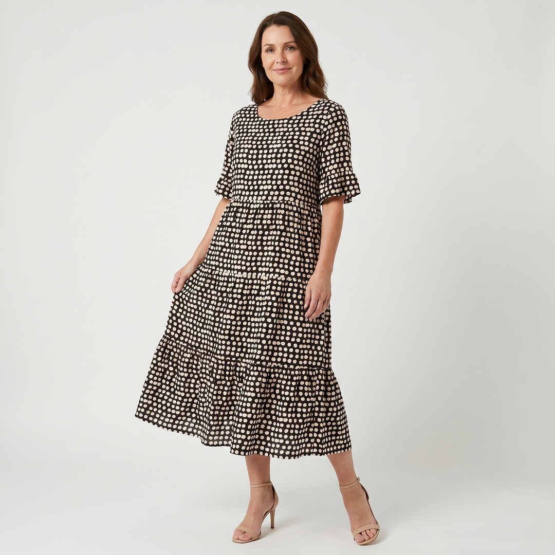Bella | Polka Midi Dress with Ruffle Short Sleeves