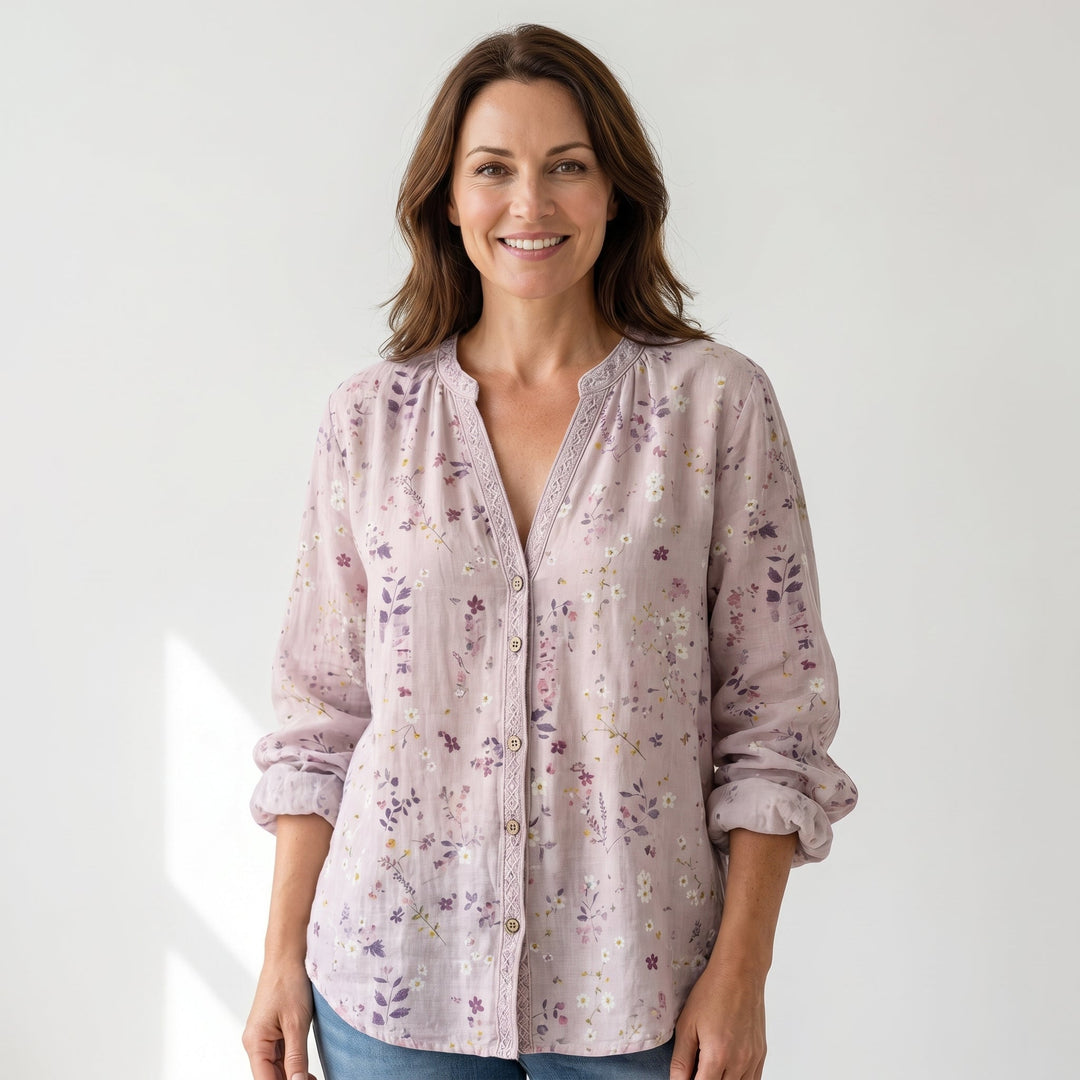 Celine | Printed V-Neck Long Sleeve Blouse
