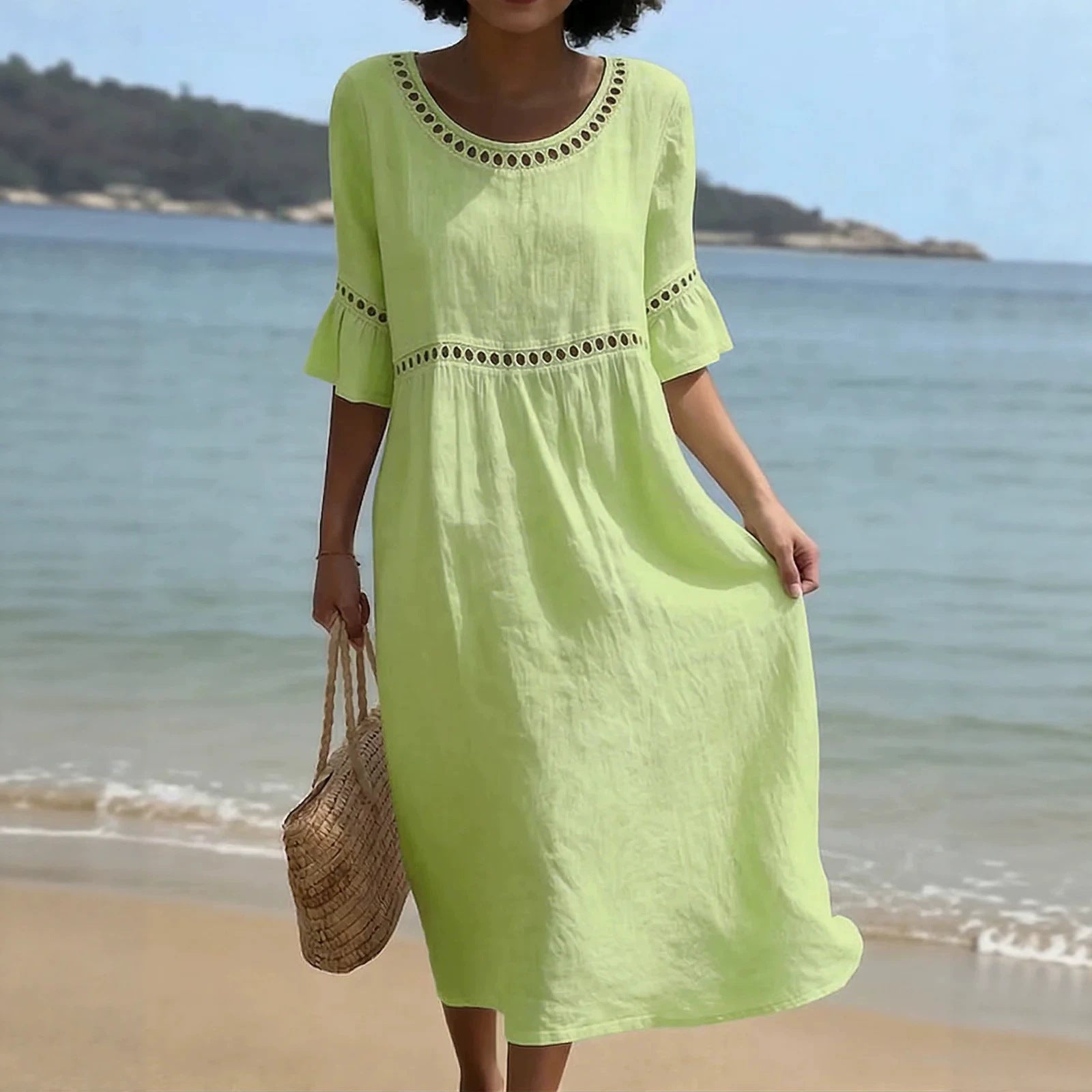 Relaxed  Summer Midi Dress with Hollow Out Detail and Flared Sleeves