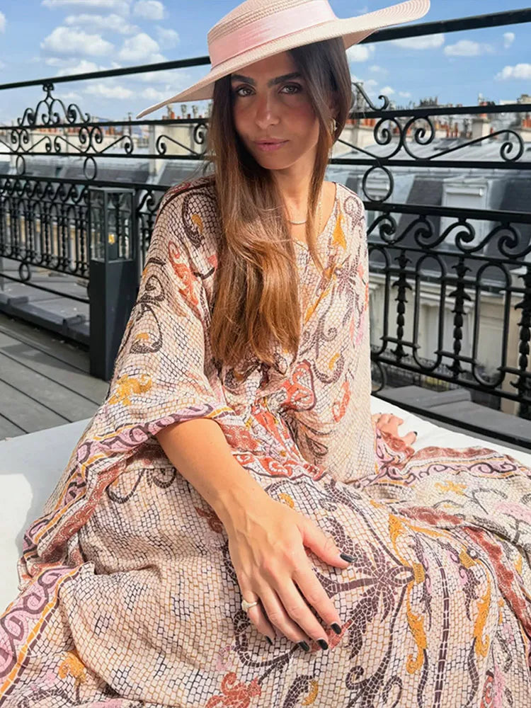 Vivienne | Printed V-Neck Batwing Maxi Dress