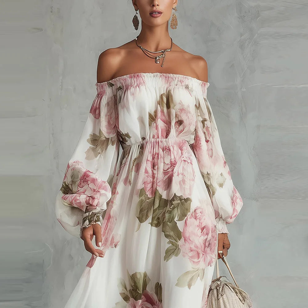 Pivoine off-shoulder neckline and bishop sleeve detail