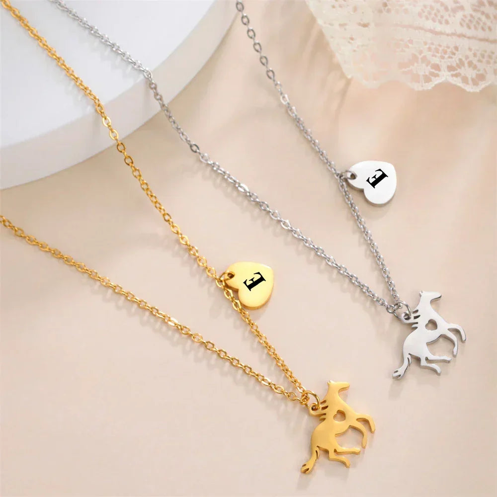 Stainless Steel Initial & Horse Necklace