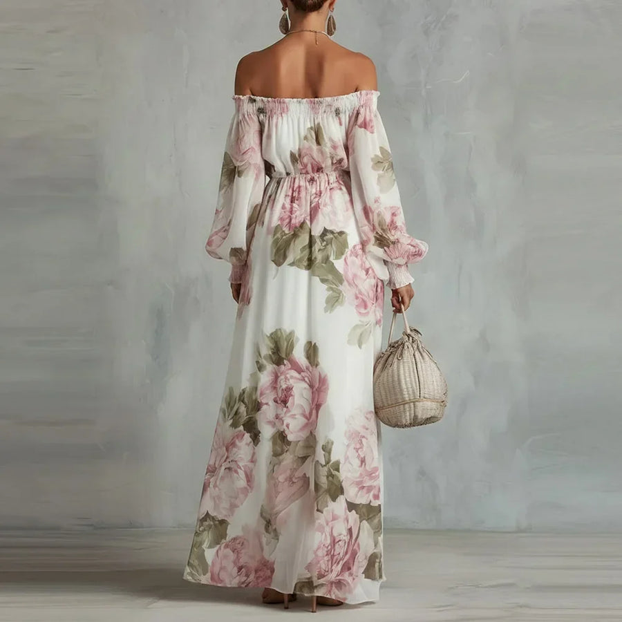 Pivoine white maxi dress with oversized pink floral print