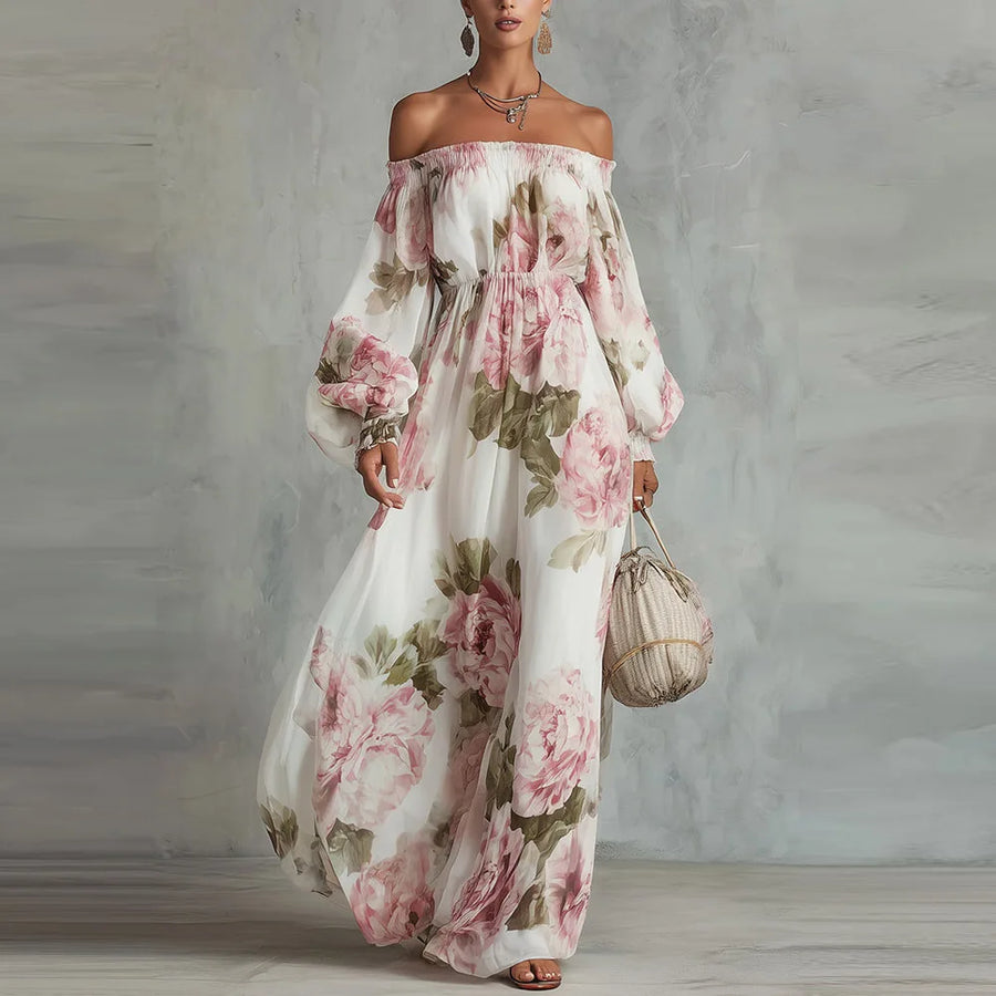 Pivoine floral off-shoulder maxi dress front view