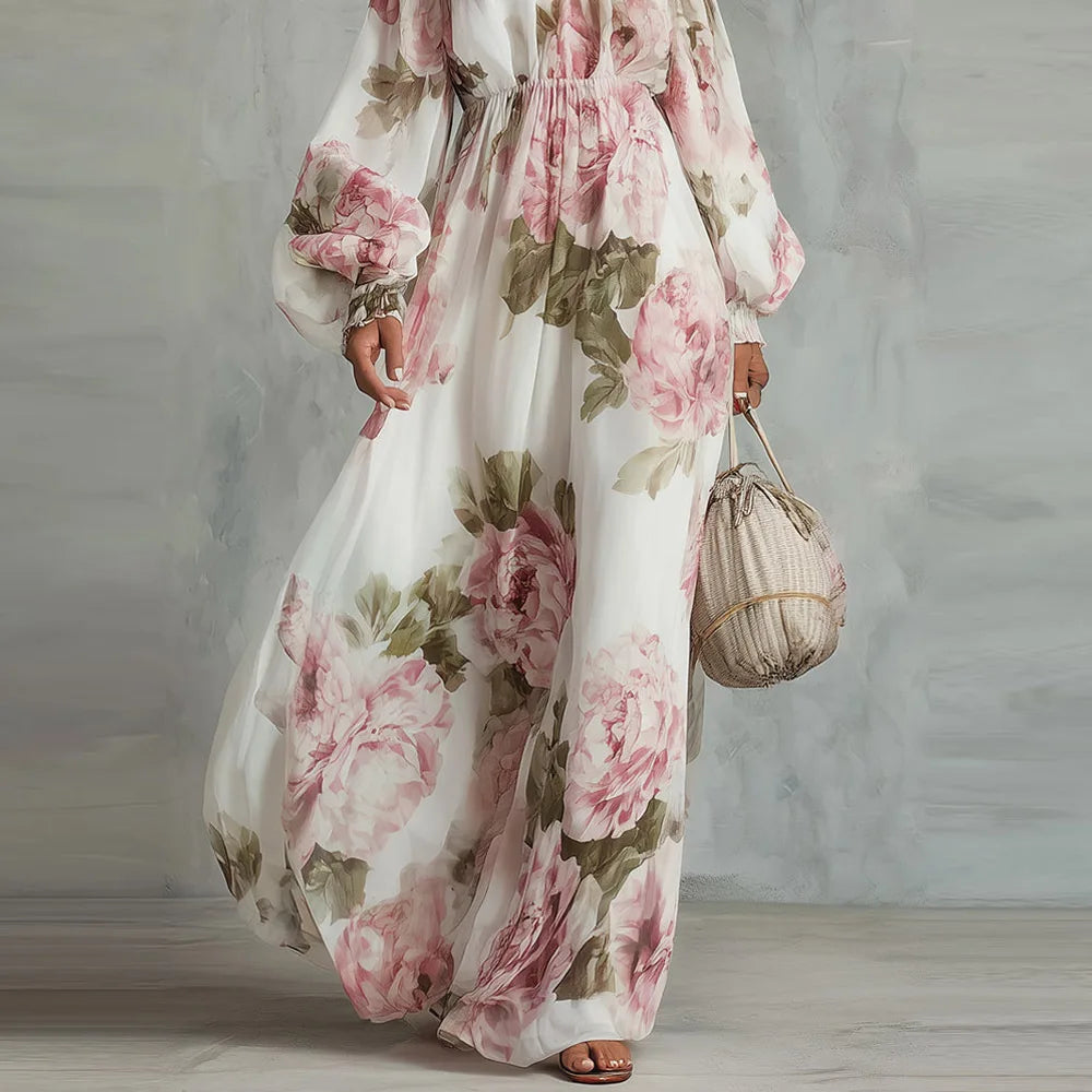 Pivoine flowing floral maxi dress detail view