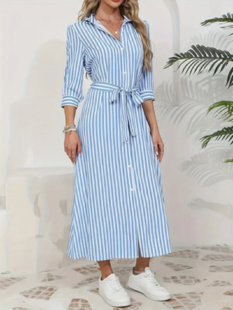 Odette | Blue Striped Button-Front Midi Shirt Dress