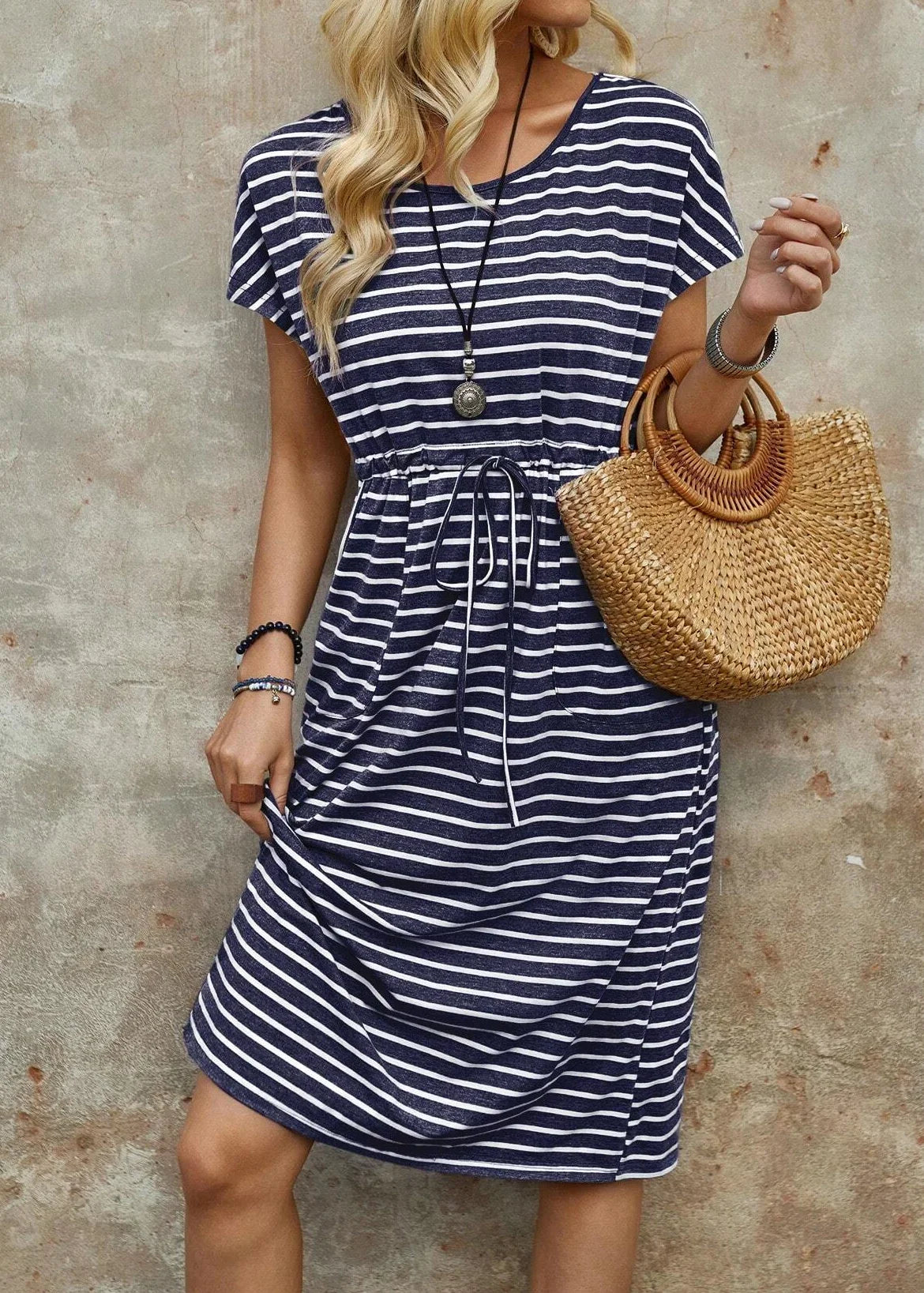 Sylvie | Blue Striped Tie-Waist Midi Dress