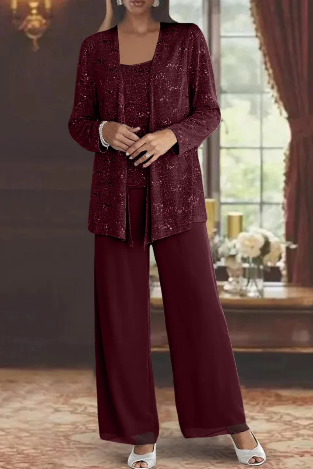 Grace | Sequin Lace Jacket Three Piece Wedding Guest Trouser Suit