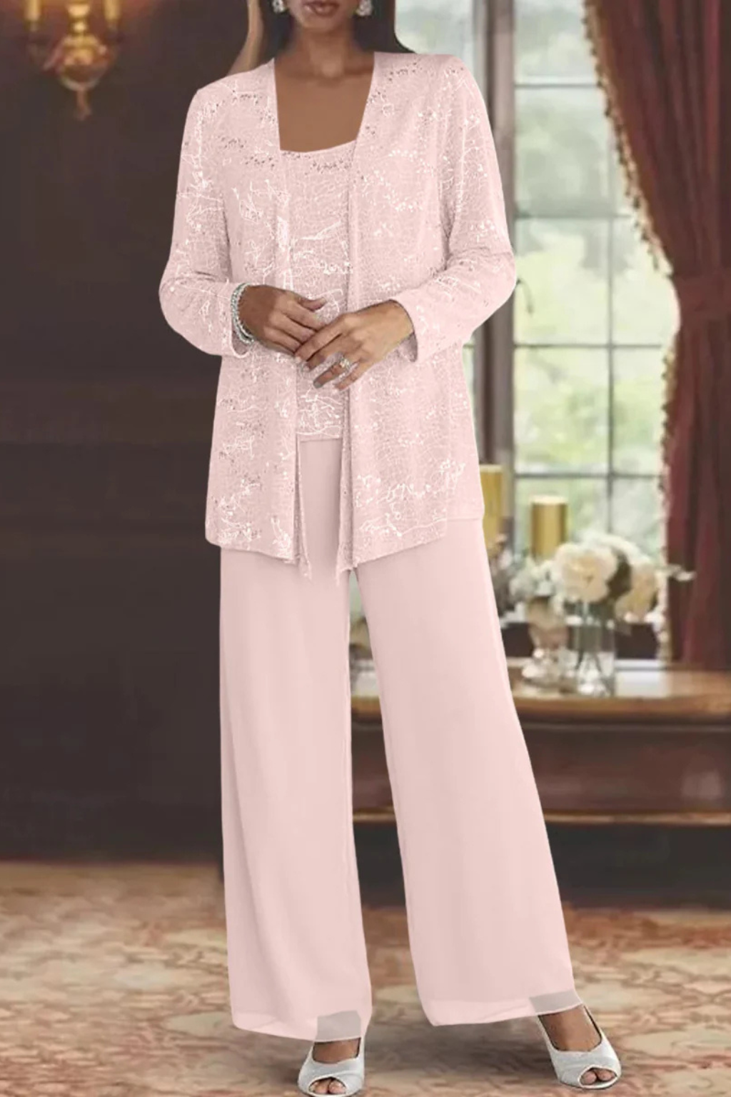 Grace | Sequin Lace Jacket Three Piece Wedding Guest Trouser Suit