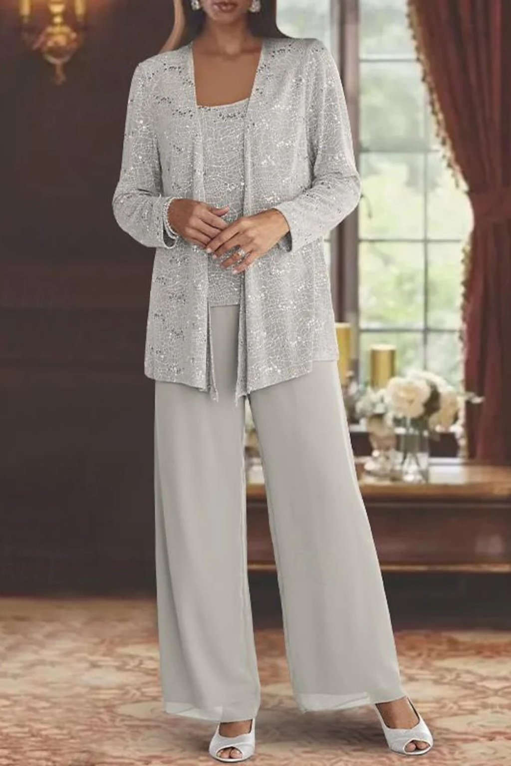 Grace | Sequin Lace Jacket Three Piece Wedding Guest Trouser Suit