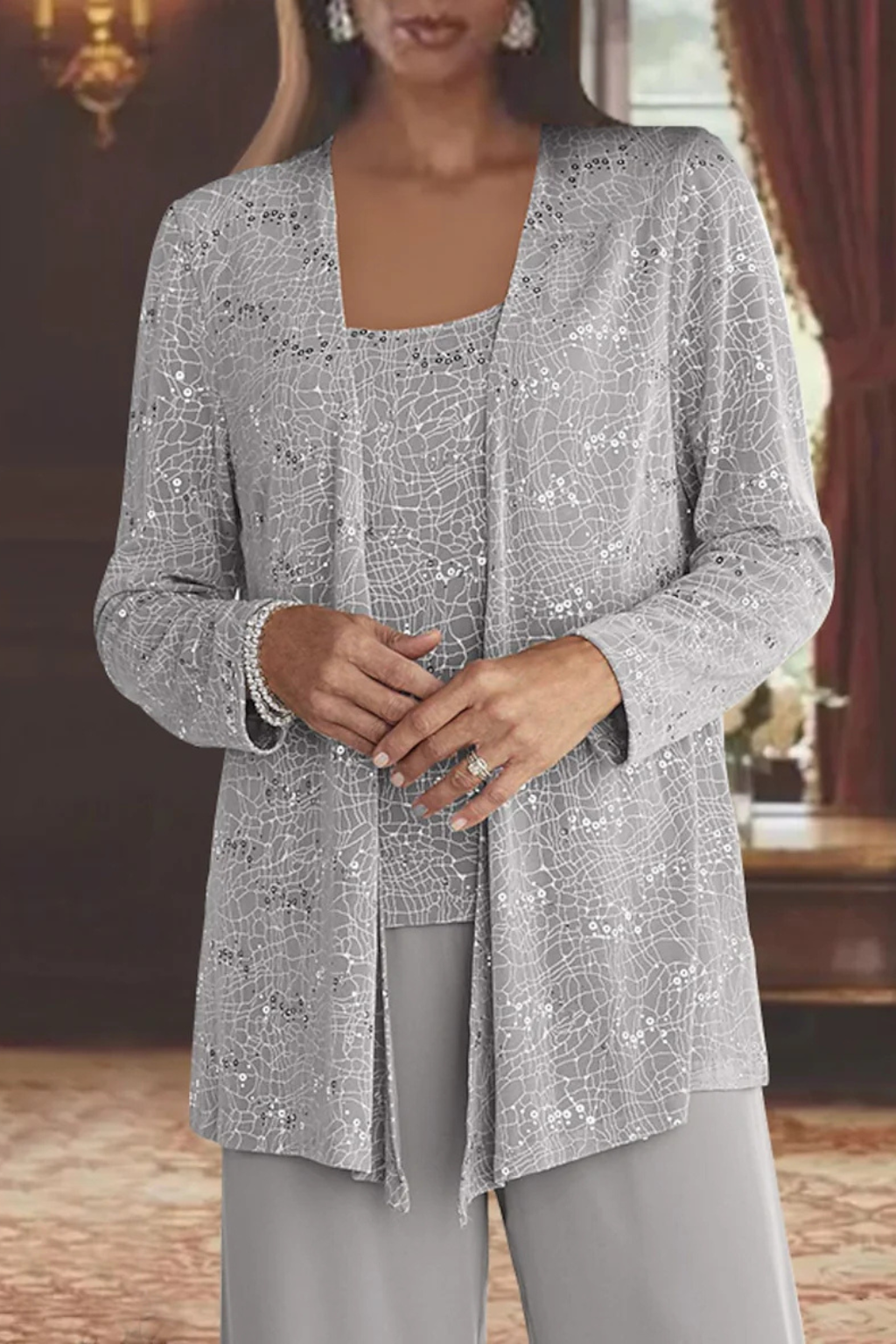 Grace | Sequin Lace Jacket Three Piece Wedding Guest Trouser Suit