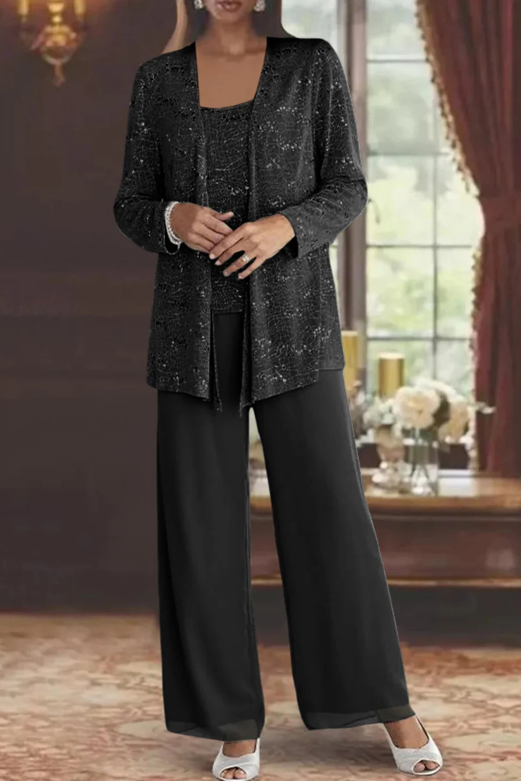 Grace | Sequin Lace Jacket Three Piece Wedding Guest Trouser Suit