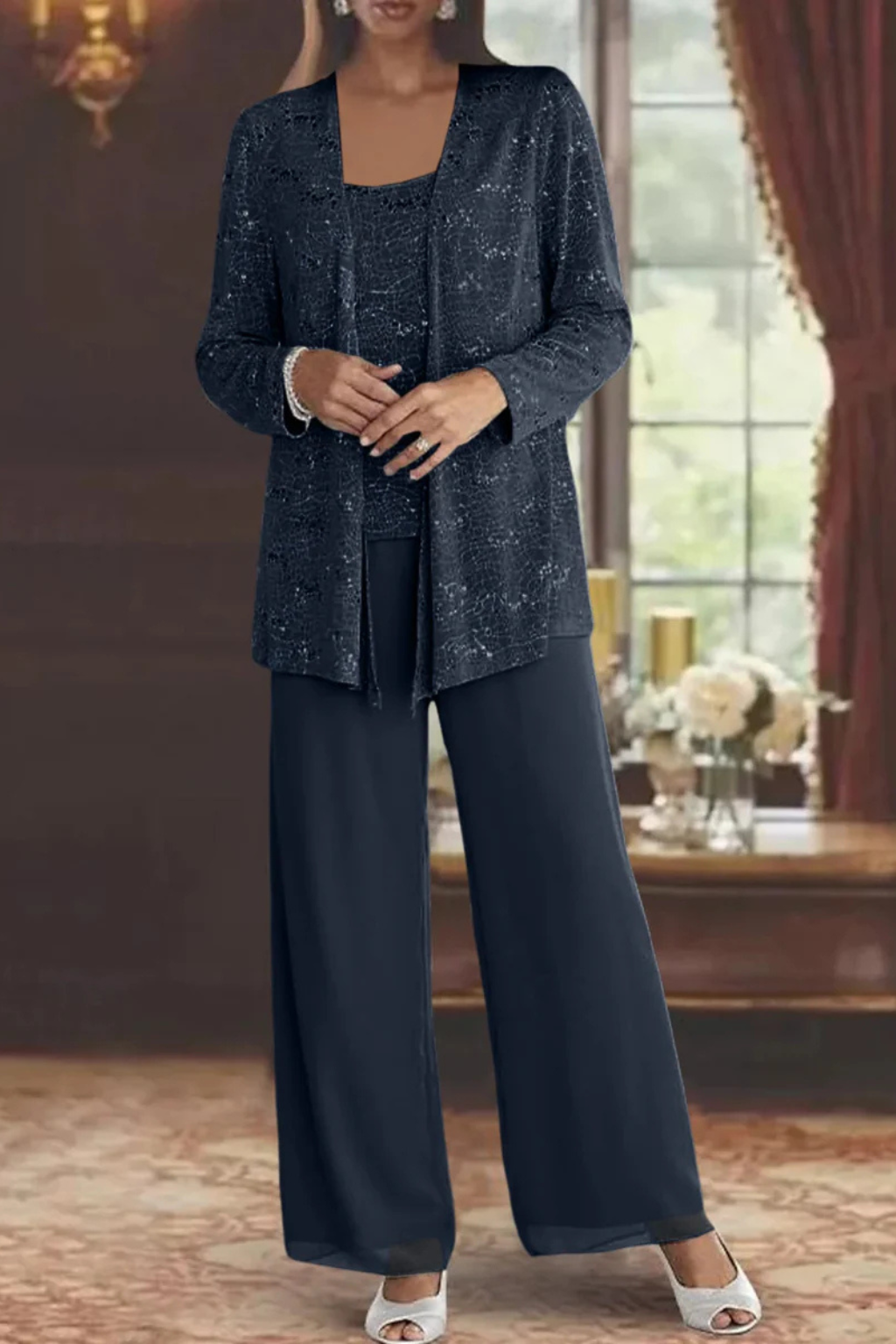 Grace | Sequin Lace Jacket Three Piece Wedding Guest Trouser Suit