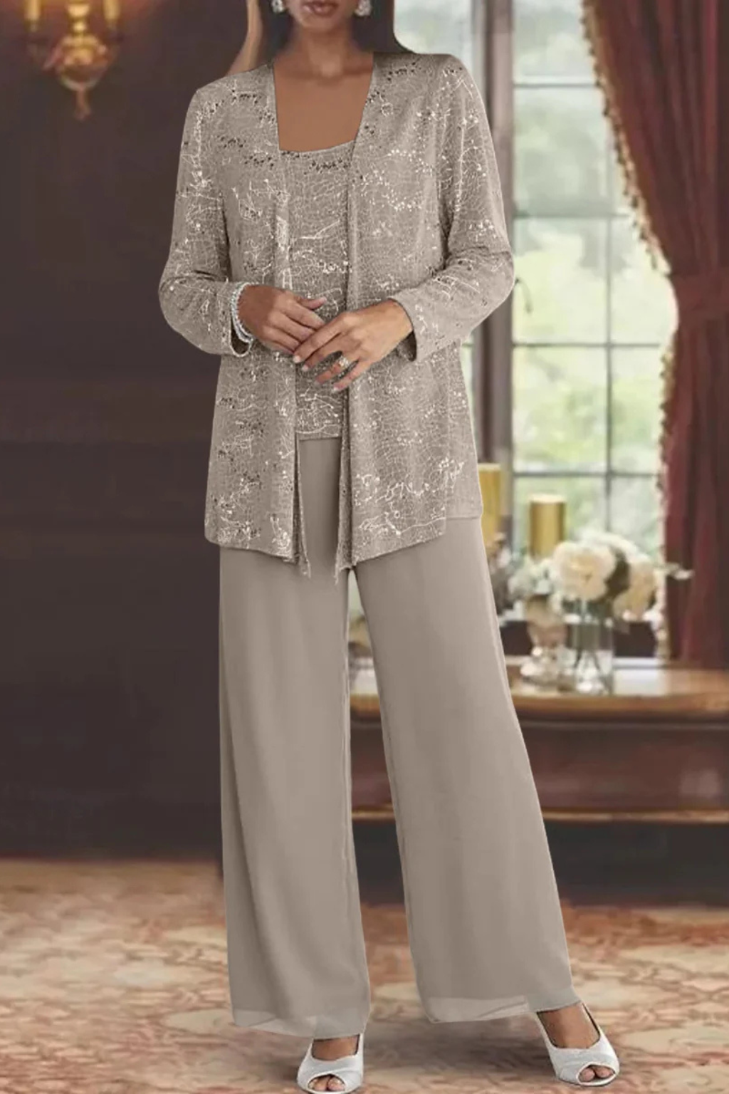 Grace | Sequin Lace Jacket Three Piece Wedding Guest Trouser Suit