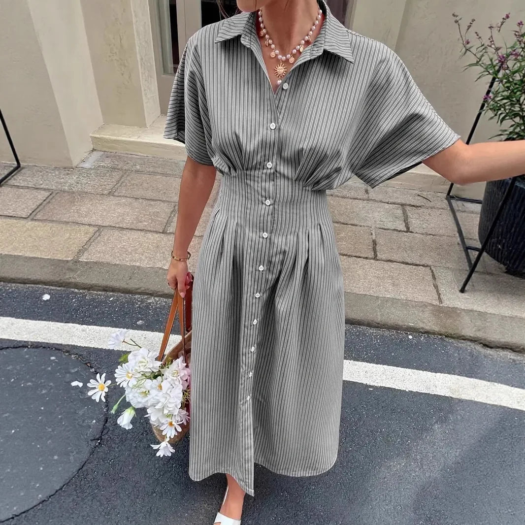 Delphine | Striped Pleated-Waist Shirt Dress