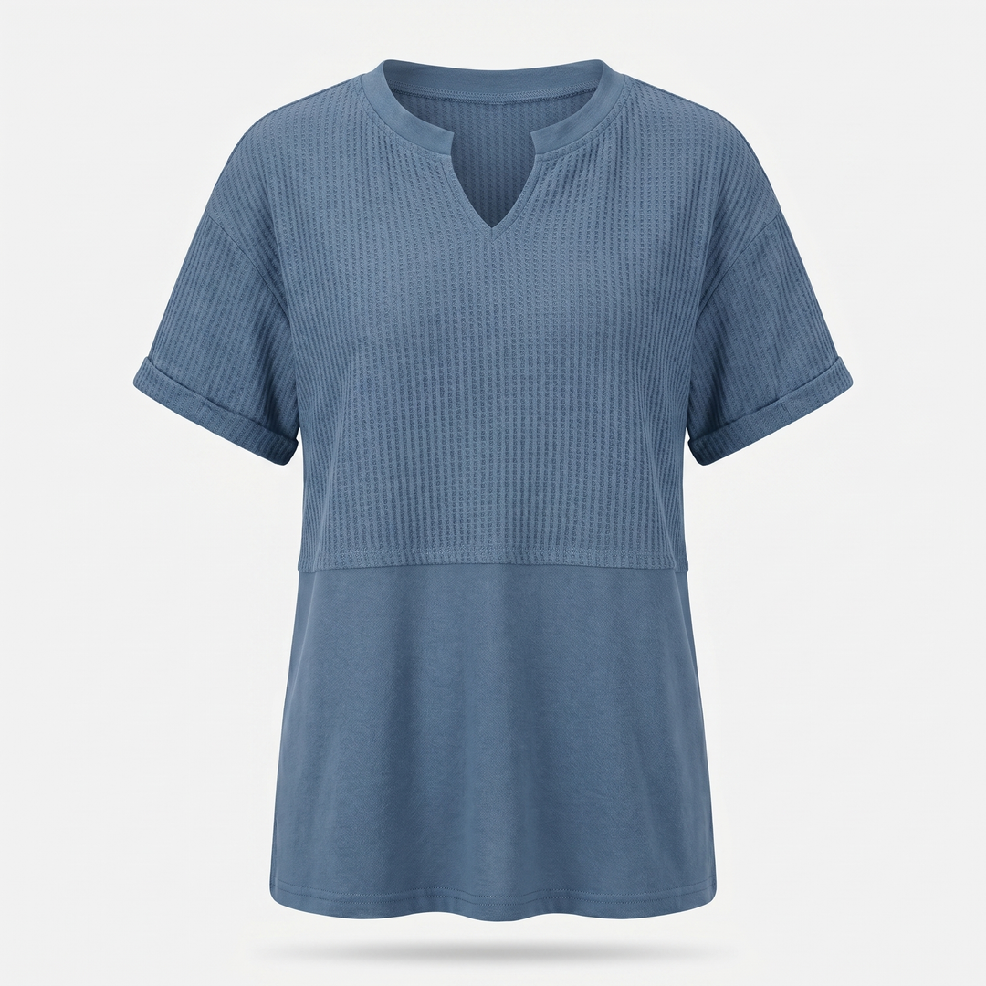 Mia | T-Shirt with Notch V-Neckline and Mixed Ribbed Texture