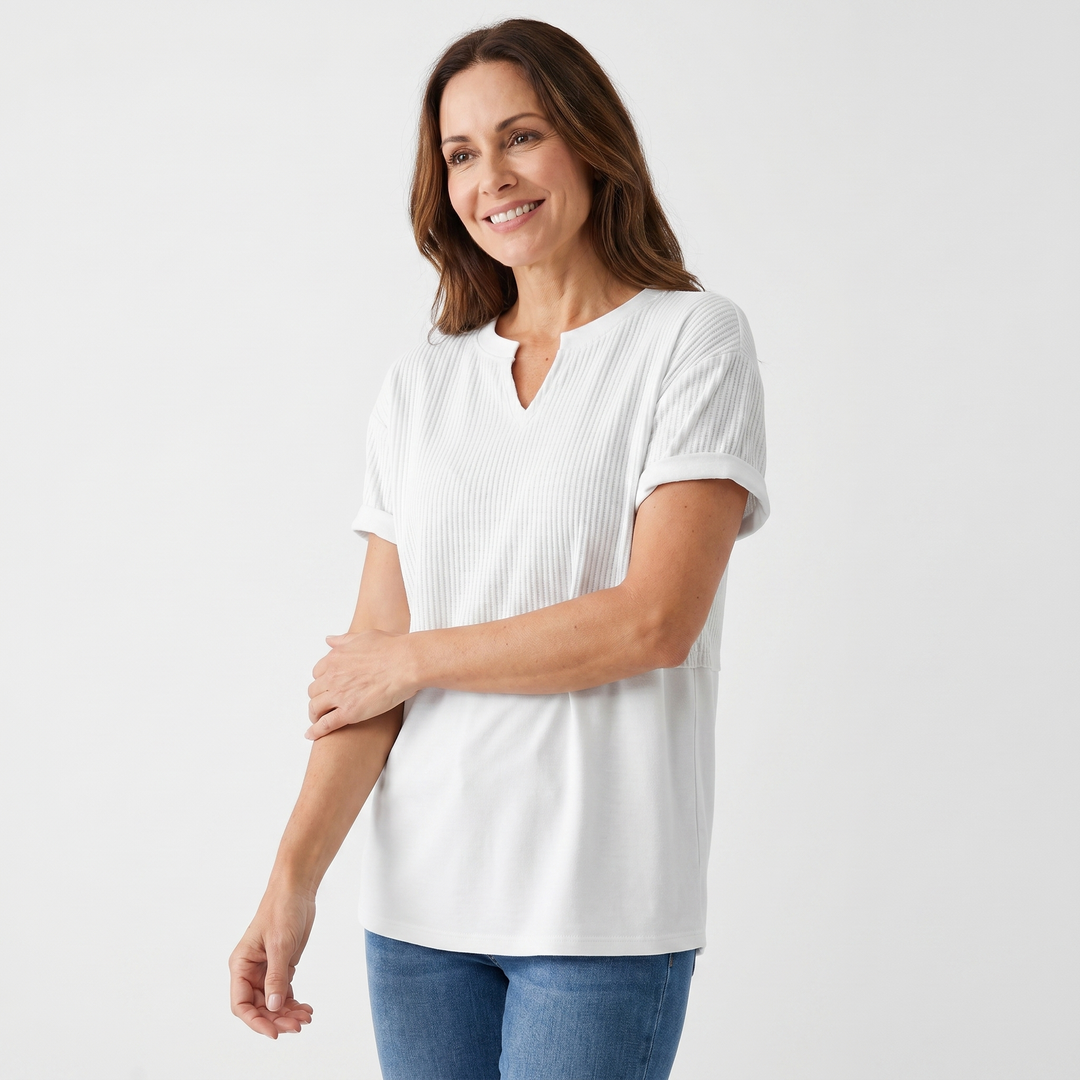 Mia | T-Shirt with Notch V-Neckline and Mixed Ribbed Texture