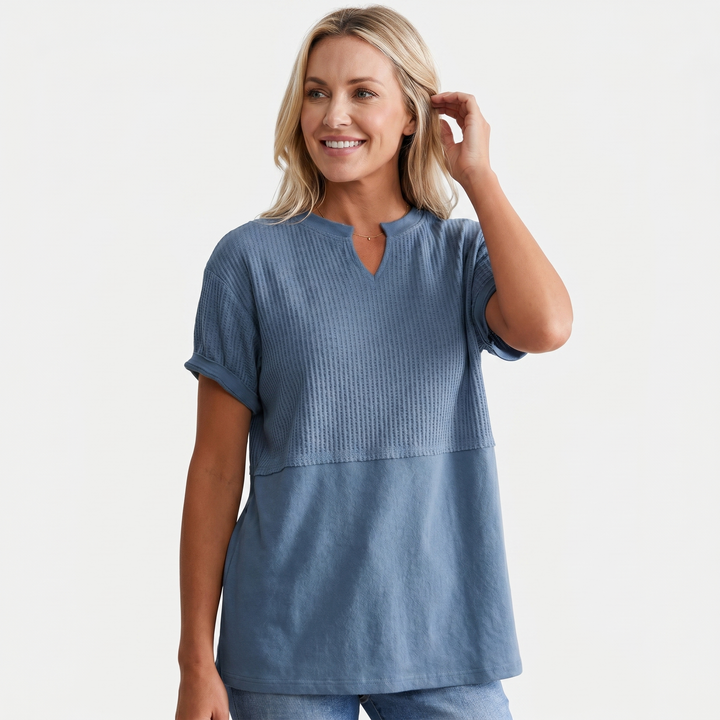 Mia | T-Shirt with Notch V-Neckline and Mixed Ribbed Texture
