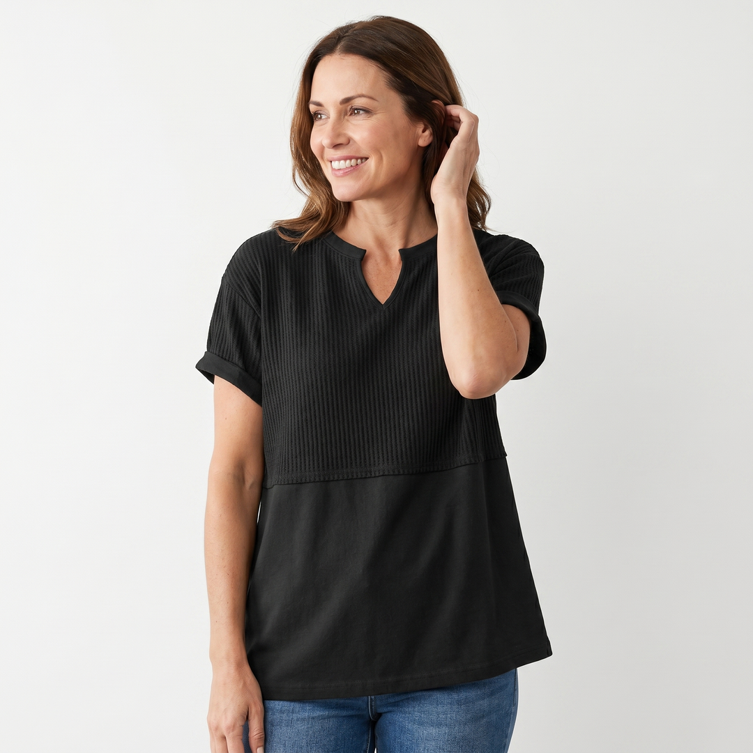 Mia | T-Shirt with Notch V-Neckline and Mixed Ribbed Texture