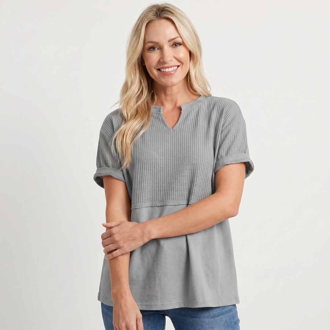 Mia | T-Shirt with Notch V-Neckline and Mixed Ribbed Texture