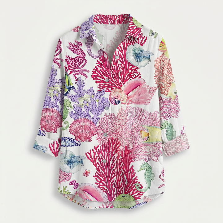 Maisie | Floral Shirt – Marine Life Print with 3/4 Sleeves